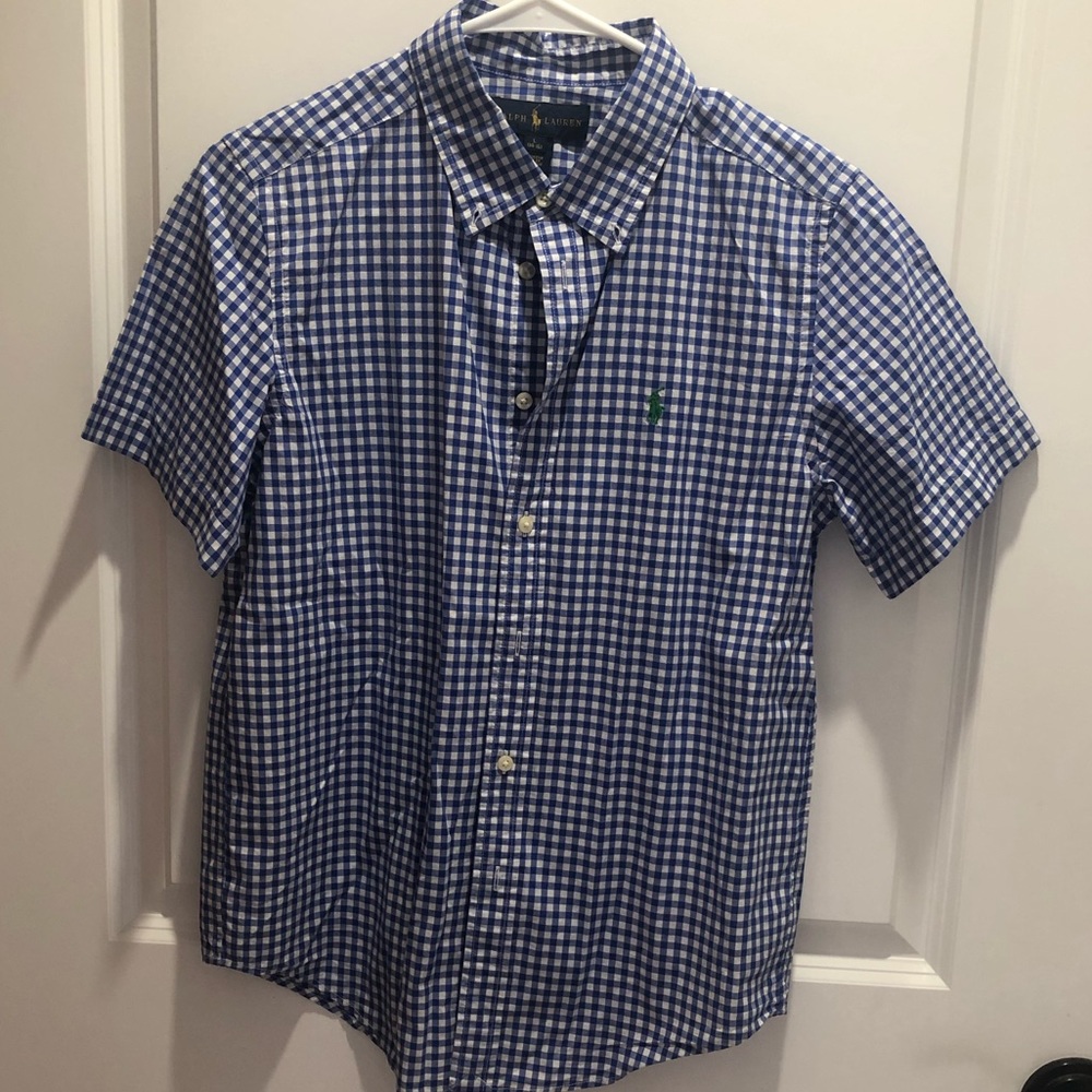 Boys Ralph Lauren size L (14/16) gingham blue/white cotton shirt. Never worn.